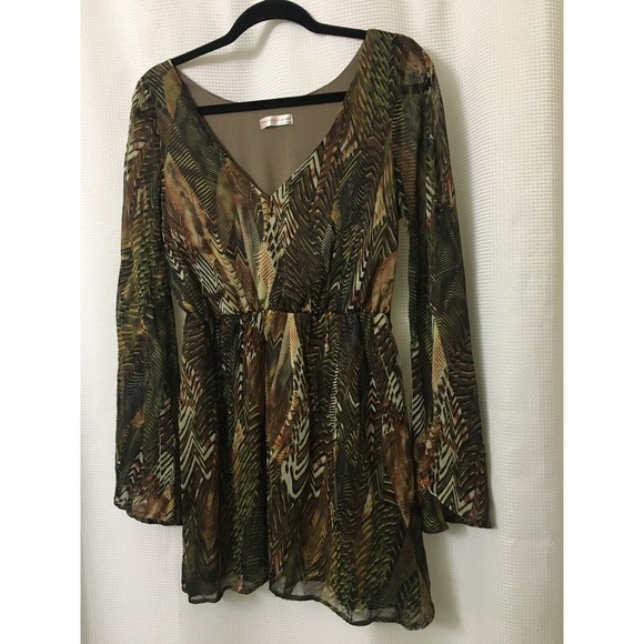 Agaci Womens Tunic Top Mini Dress Medium Bell Slv Chiffon Lined Green Brown D4 - Picture 7 of 8